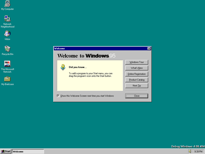文件:Windows95-4.0.484-Debug-Welcome.png
